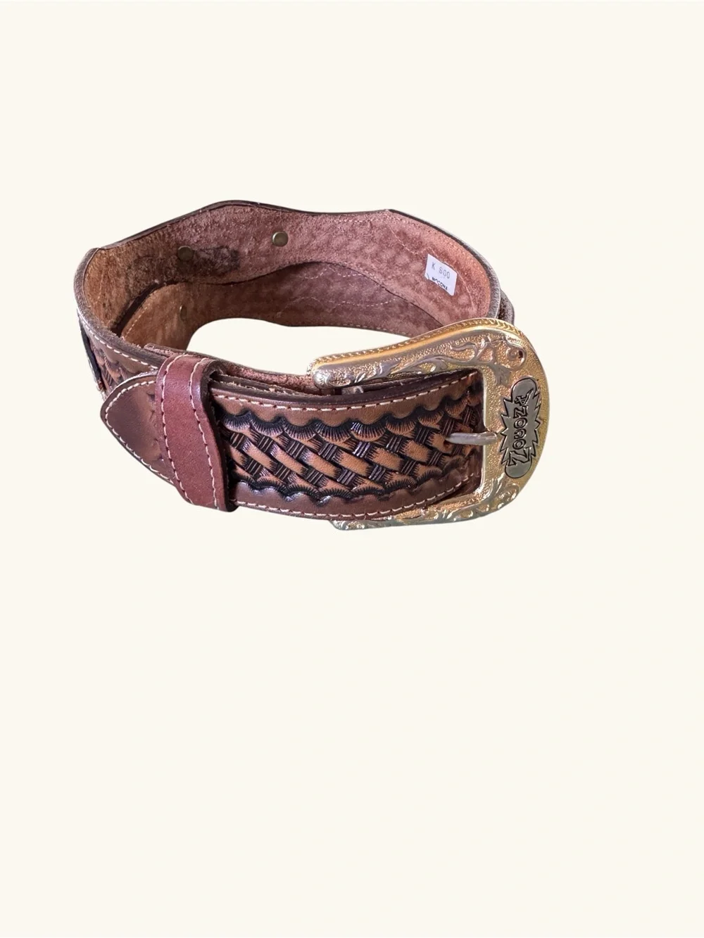 Vintage Nocona Western Tooled Leather Belt Gold Floral Conchos Engraved Buckle